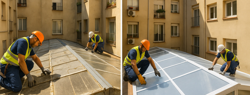 Cambio completo lucernario patio luces mostrando proceso sustitución profesional Barcelona